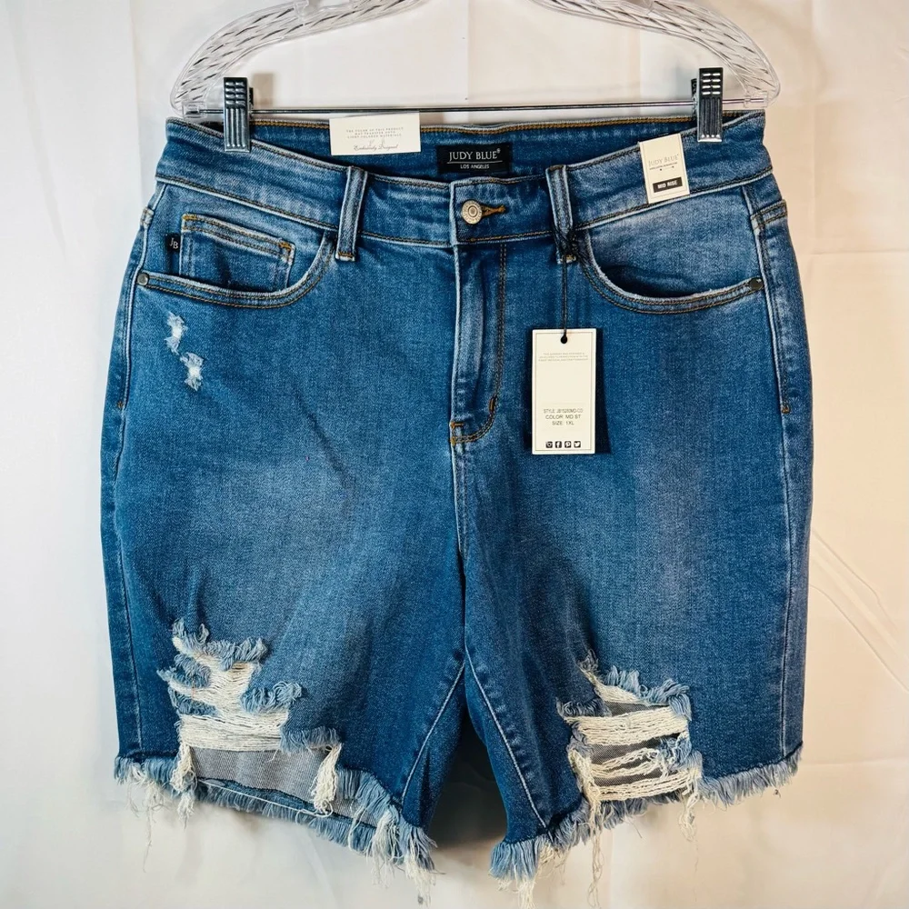 Judy Blue Womens Distressed Fray‎ Hem Denim Cut Off Shorts Mid Rise Size 1XL New